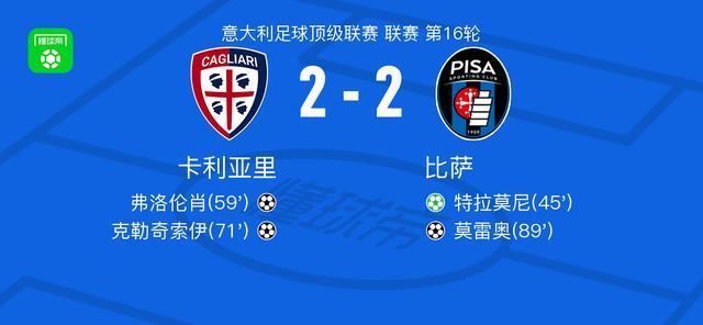 卡利亚里2-2比萨，特拉莫尼破门，莫雷奥扳平比分