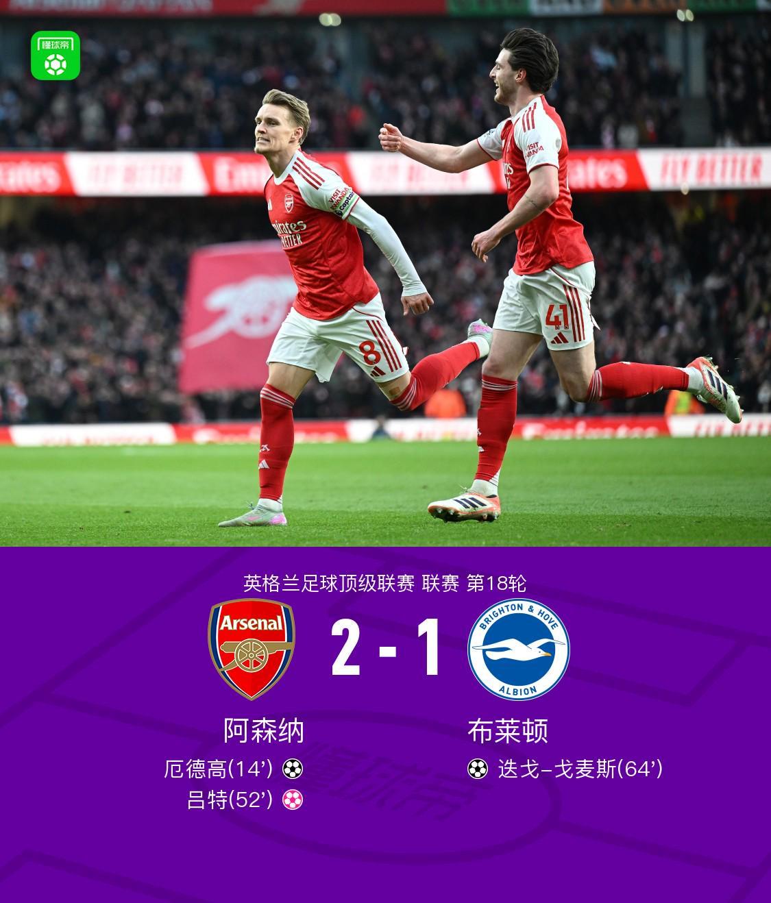 剑南春丨阿森纳2-1布莱顿，厄德高破门，吕特乌龙，拉亚神扑