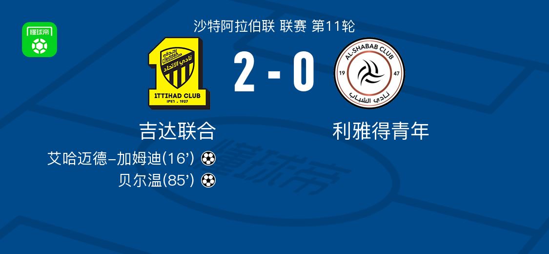 吉达联合2-0利雅得青年，艾哈迈德-加姆迪破门，贝尔温锦上添花