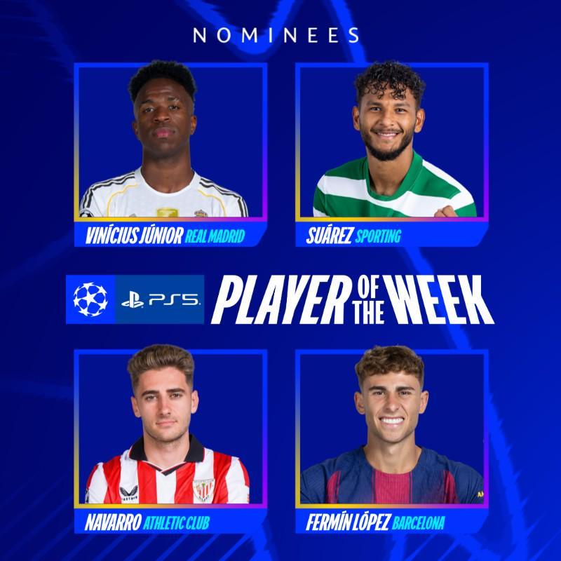 本轮欧冠最佳球员候选:维尼修斯、苏亚雷斯、纳瓦罗、费尔明