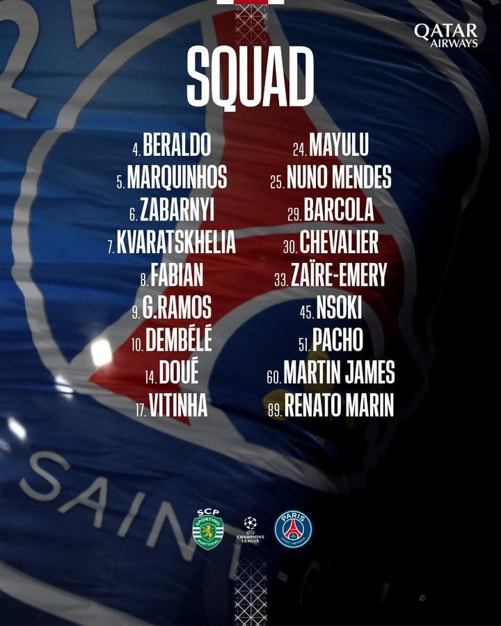 巴黎公布客战葡体大名单：登贝莱领衔，内维斯、卢卡斯缺阵