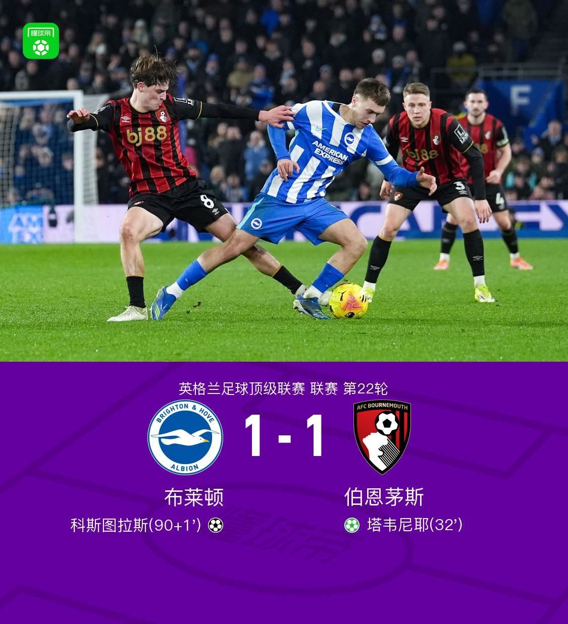 布莱顿1-1伯恩茅斯，科斯图拉斯倒钩绝平，塔韦尼耶点射