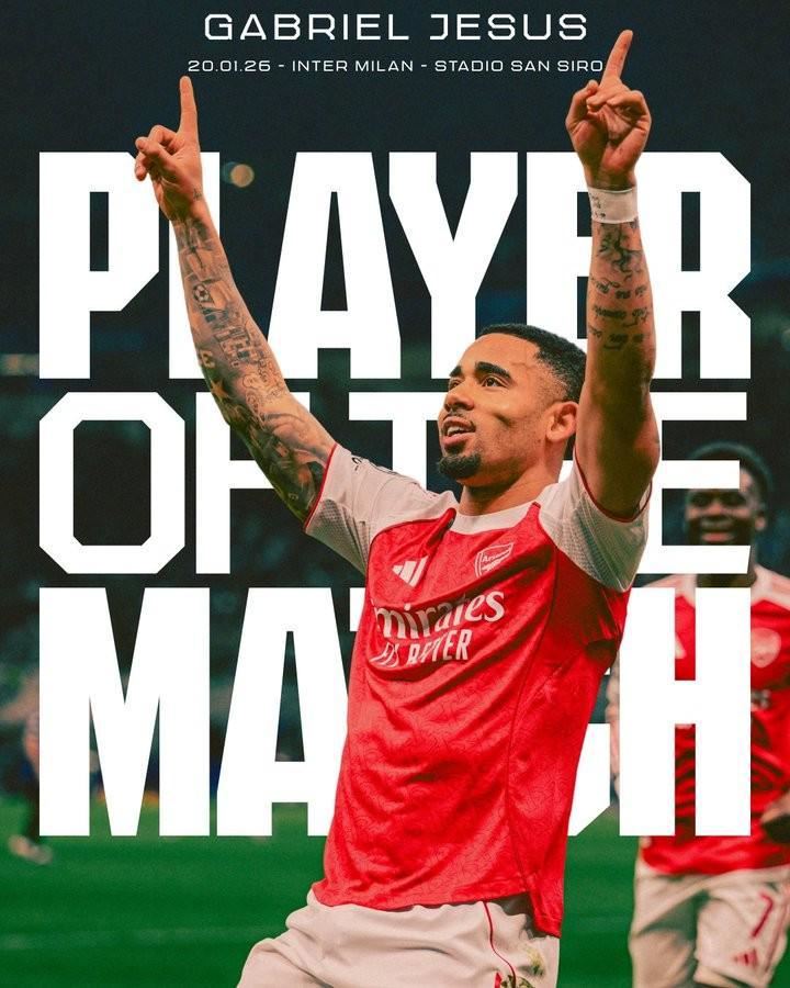 梅开二度,热苏斯当选与国米一役阿森纳队内最佳球员