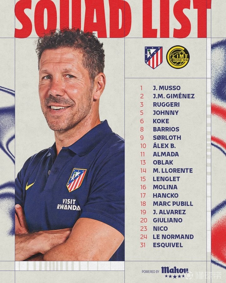 马竞战博德闪耀大名单：格列兹曼缺阵，小蜘蛛、瑟洛特在列