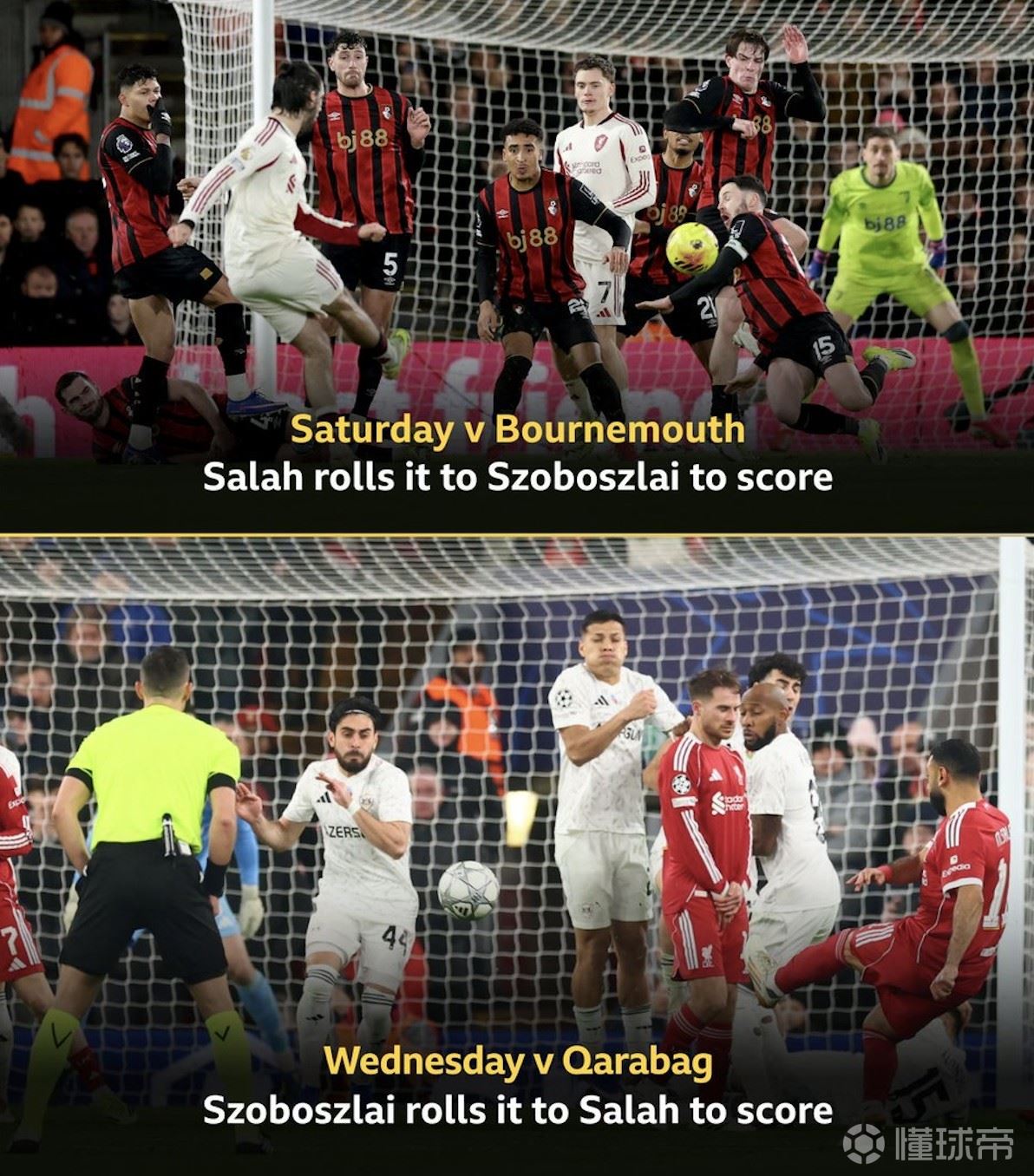 投桃报李，近2场比赛索博和萨拉赫通过战术任意球互相助攻