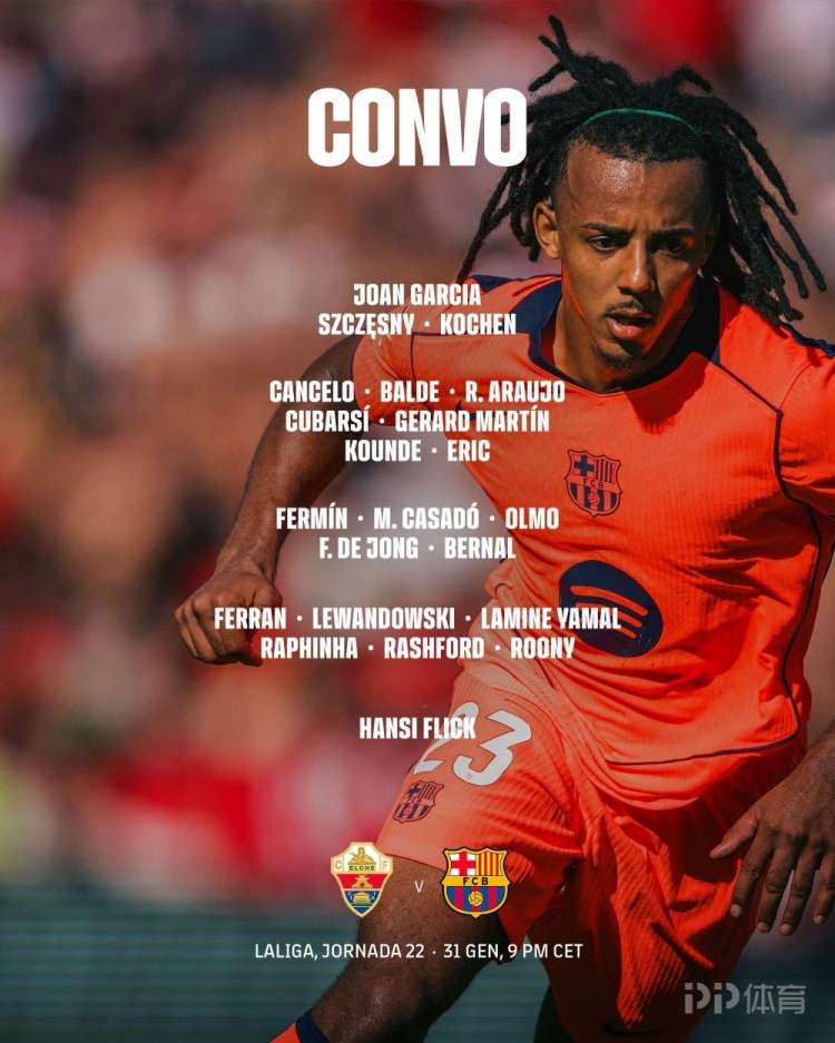  巴萨客战埃尔切大名单：阿劳霍在列 佩德里、加维缺席