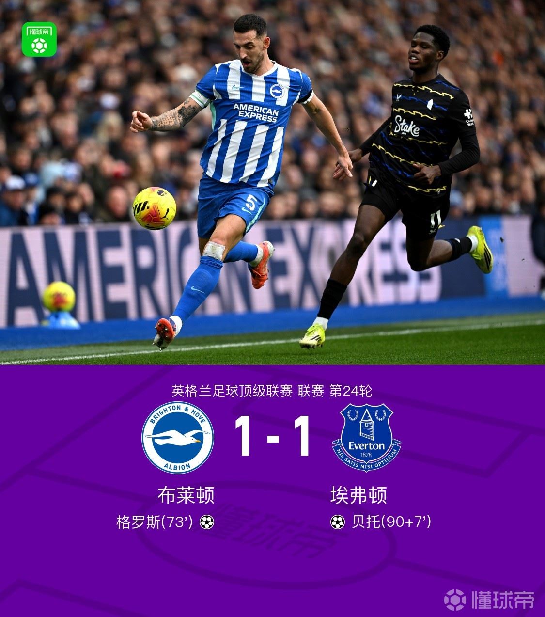 布莱顿1-1埃弗顿，贝托读秒绝平，格罗斯破门