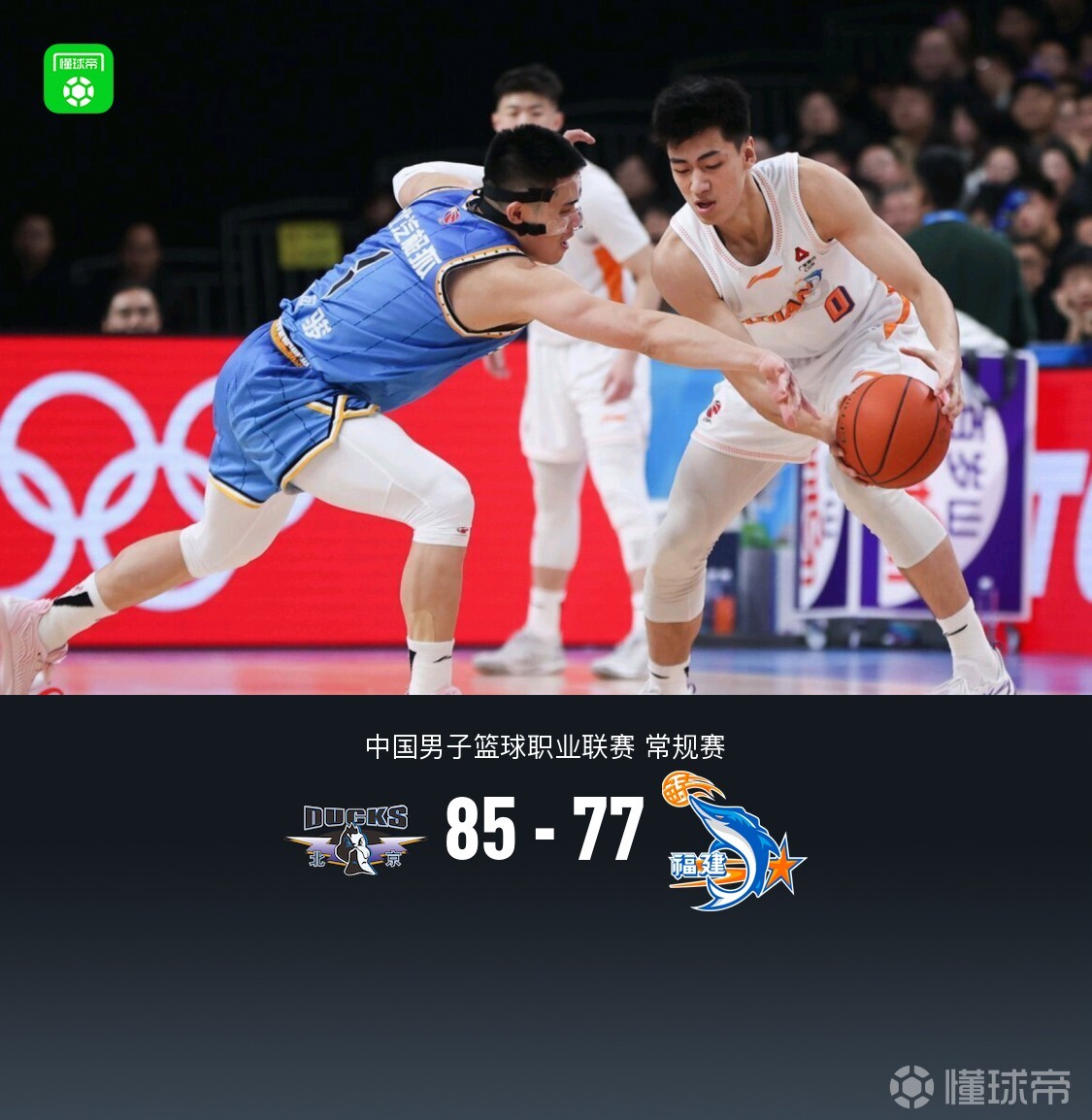 北京85-77险胜福建，曾凡博15+5，赵睿14分