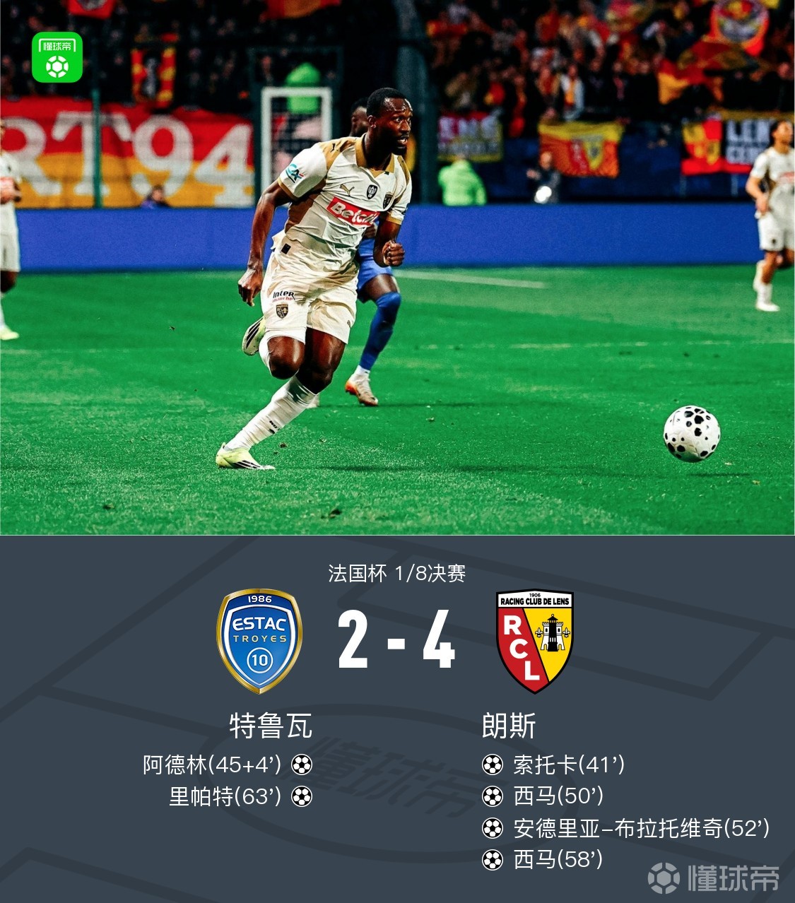 法国杯朗斯4-2特鲁瓦晋级八强，西马双响，索托卡传射