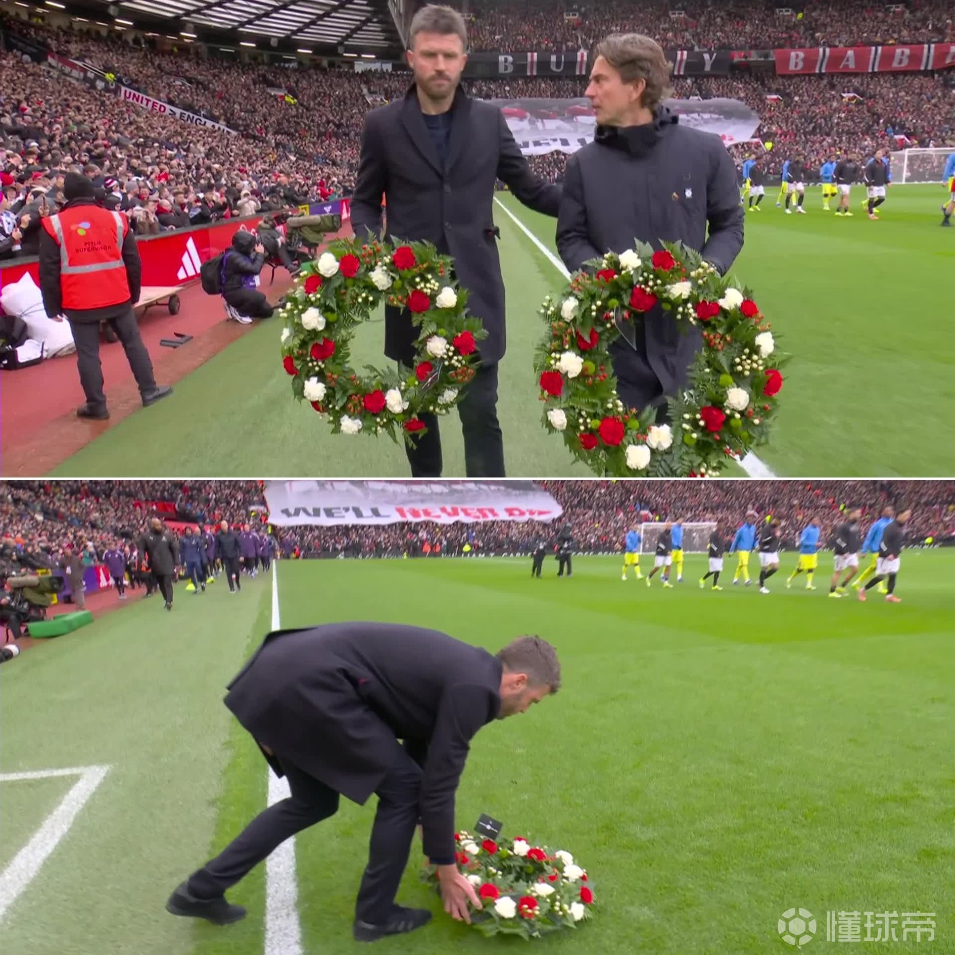 纪念慕尼黑空难68周年，弗兰克和卡里克在赛前敬献花圈