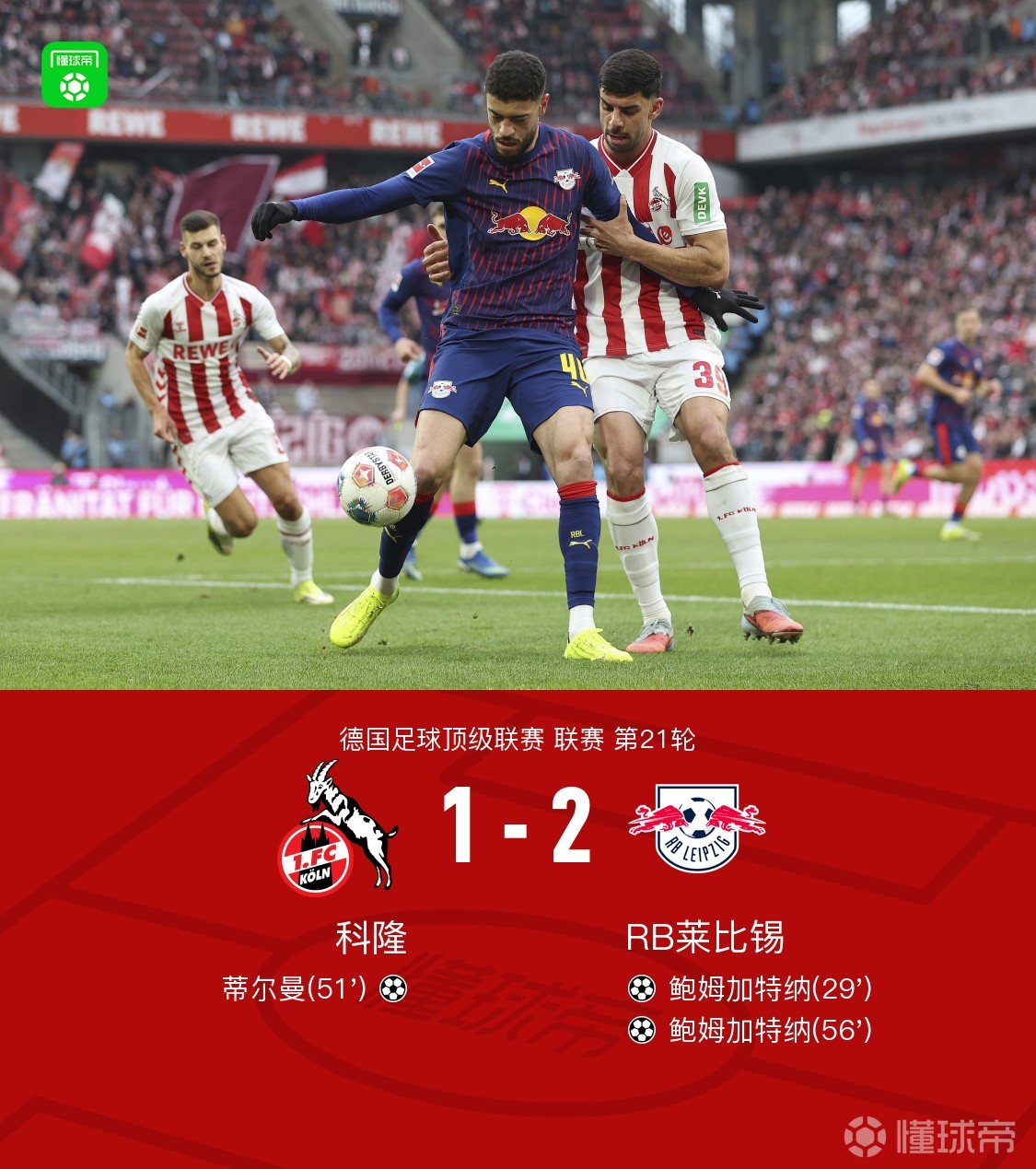 莱比锡客场2-1科隆，鲍姆加特纳双响，蒂尔曼破门