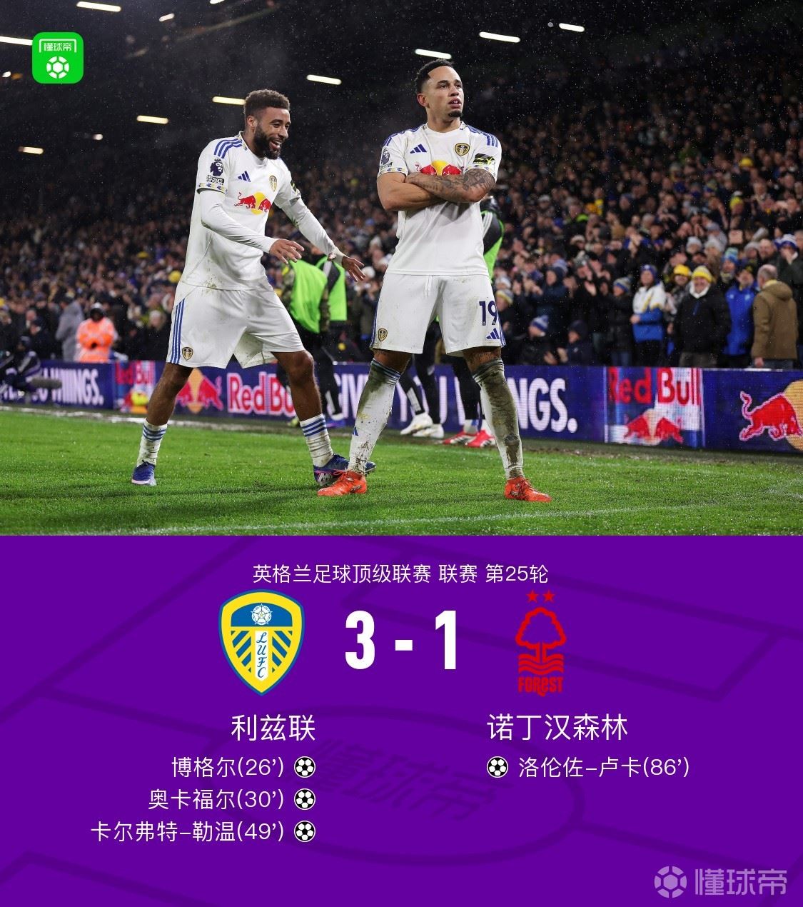 利兹联3-1诺丁汉森林，勒温、奥卡福尔、博格尔破门