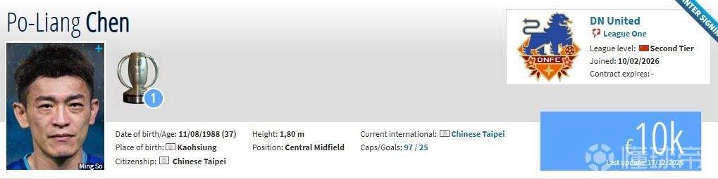 德转:37岁中国台北中场陈柏良加盟定南赣联
