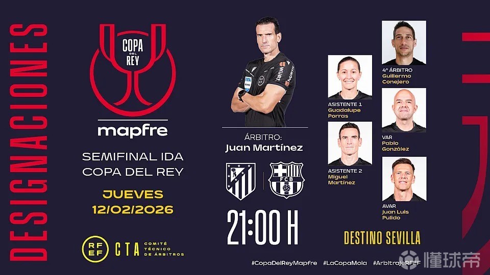 国王杯半决赛首回合马竞vs巴萨裁判安排:胡安-马丁内斯执法