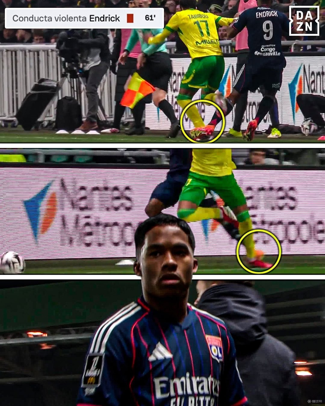 官方：恩德里克对阵南特直红改判为黄牌，积两黄被停赛一场