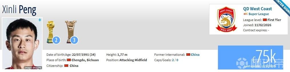 德转:彭欣力、刘小龙自由转会青岛西海岸