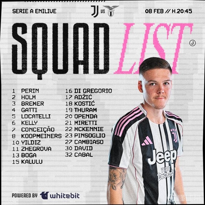 尤文主场战拉齐奥大名单:伊尔迪兹领衔,戴维、小孔塞桑在列