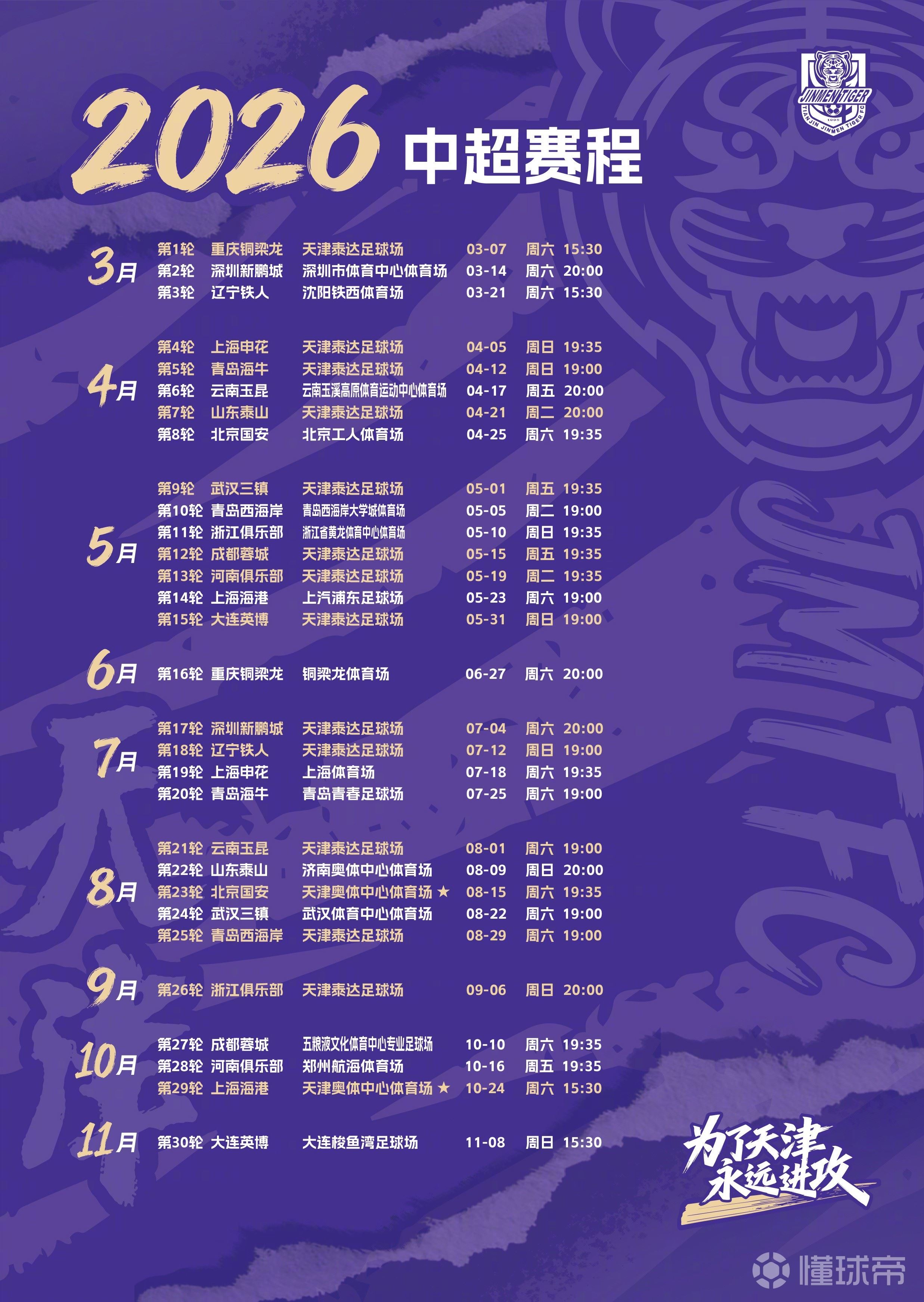 2026赛季津门虎中超赛程：首战铜梁龙，在奥体迎战国安海港
