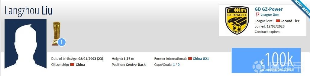 德转：原广州队、青岛西海岸后卫刘浪舟加盟广东广州豹