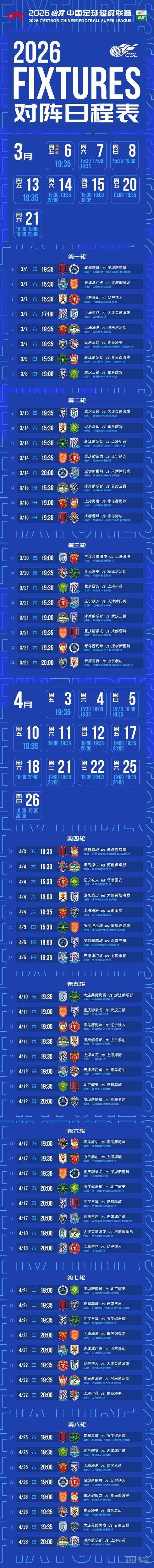 新赛季中超赛程公布！3月6日揭幕战蓉城vs新鹏城，次轮泰山vs国安