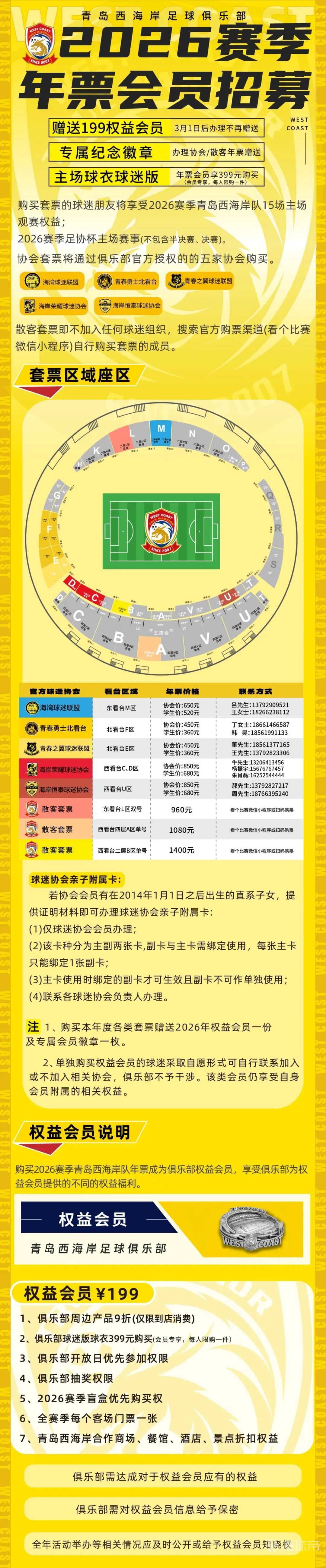 西海岸2026赛季主场套票价格：散客960元、1080元、1400元