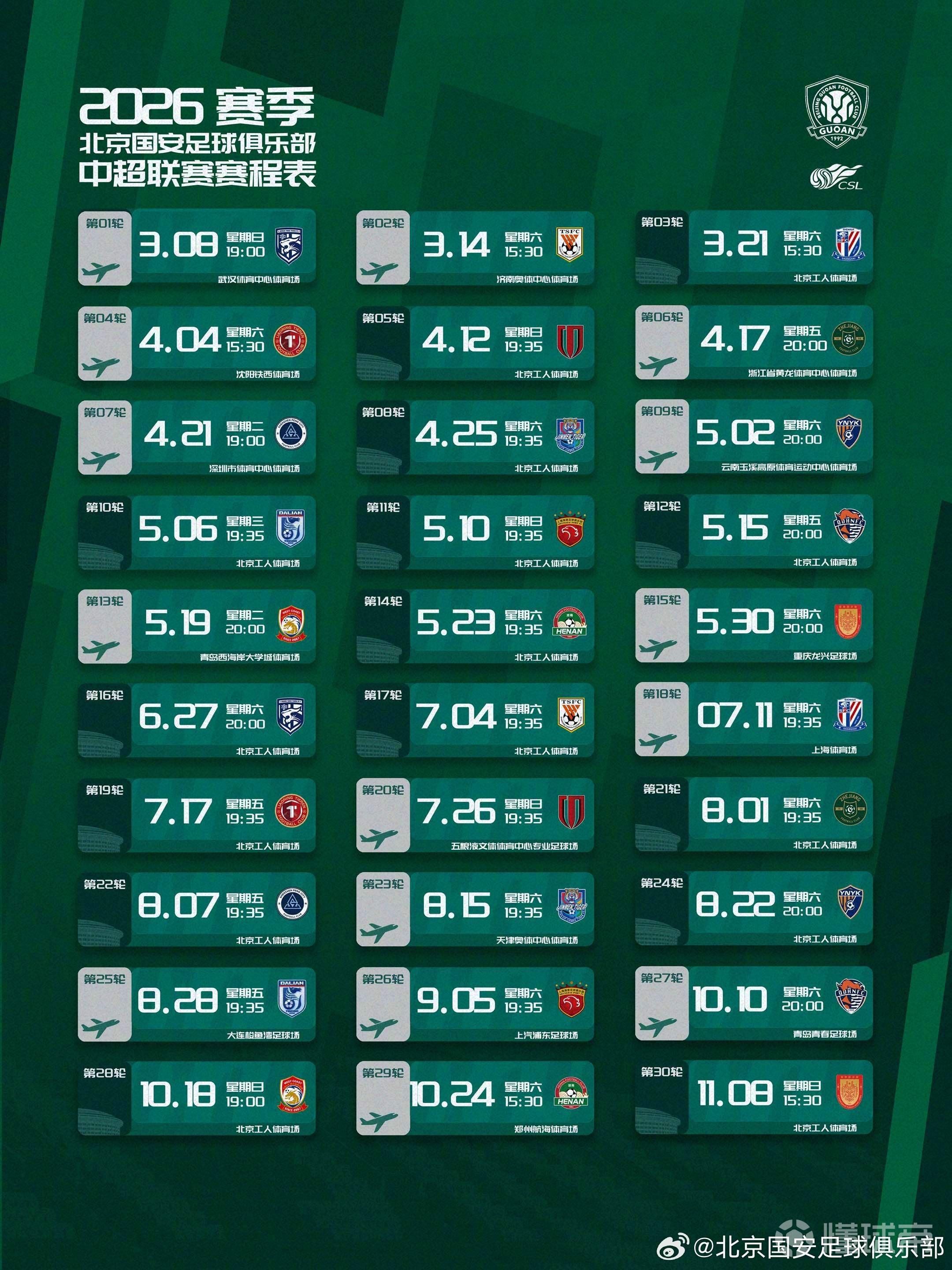 2026赛季北京国安中超赛程：第2轮客战山东，第3轮迎战申花