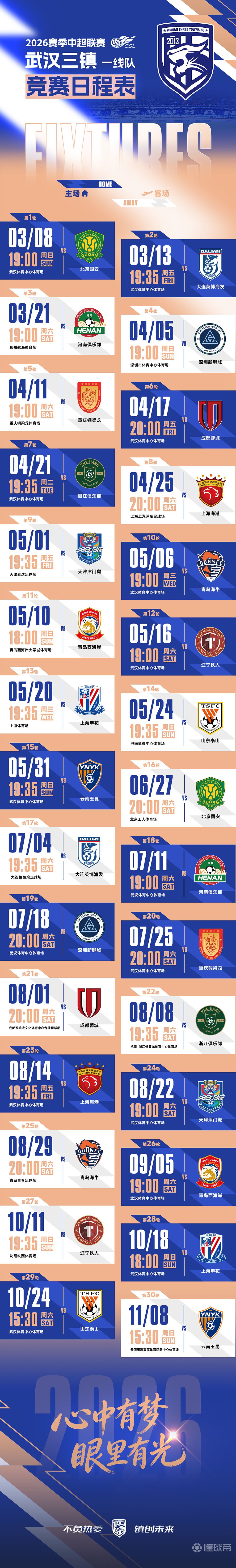 2月14日,2026怡宝中国足球超级联赛对阵日程表出炉