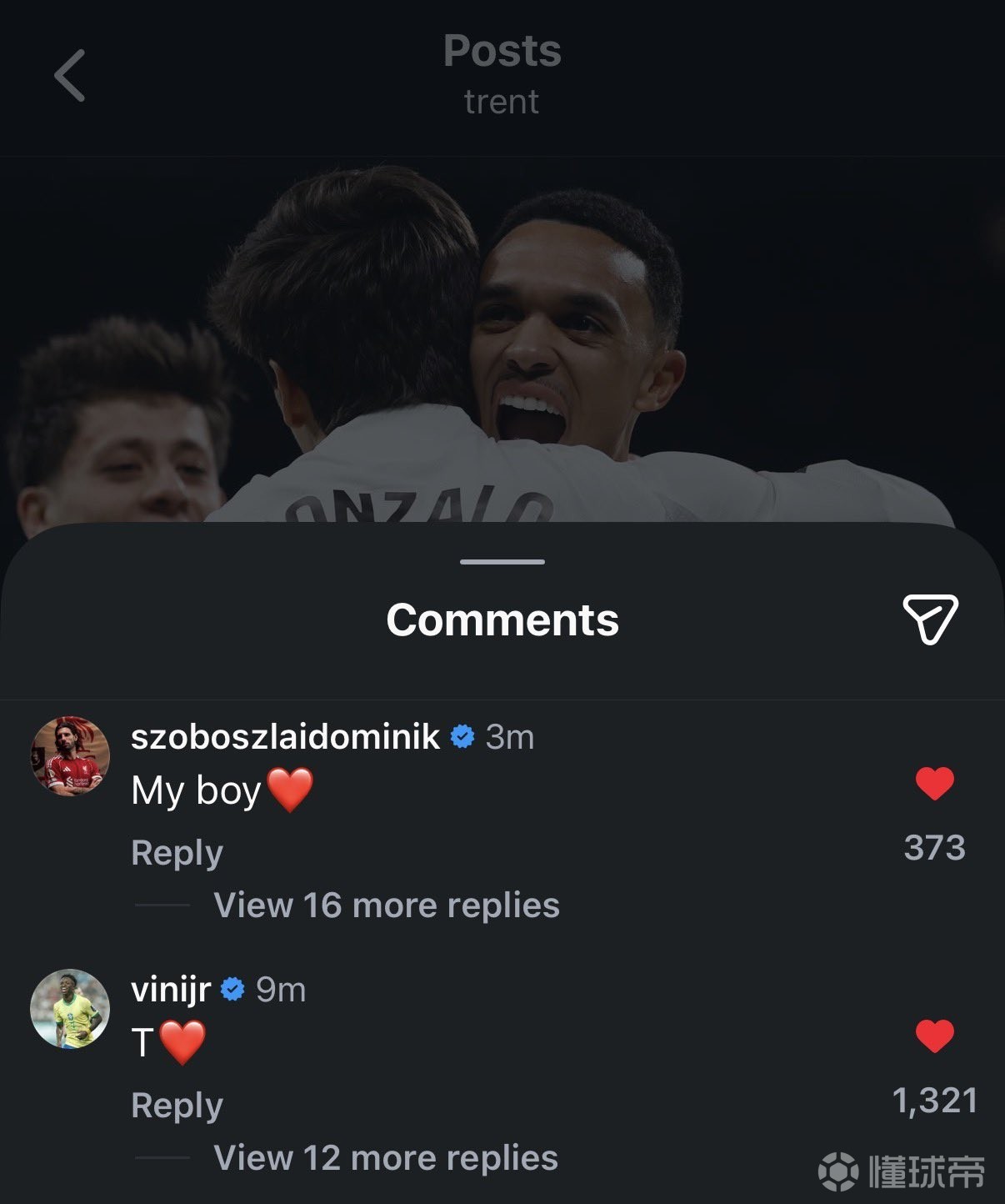 阿诺德社媒庆祝比赛胜利,索博斯洛伊、维尼修斯评论