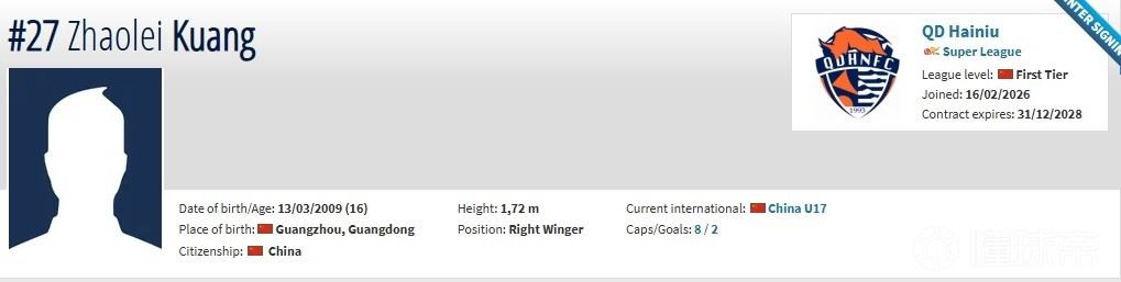 德转：16岁前锋邝兆镭自由身加盟青岛海牛，双方签约3年
