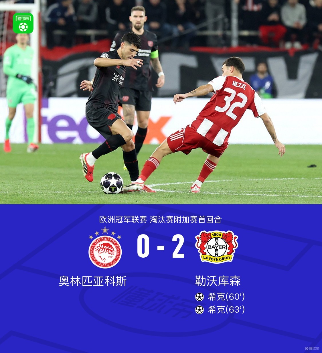 勒沃库森2-0奥林匹亚科斯，希克双响，波库助攻+失单刀