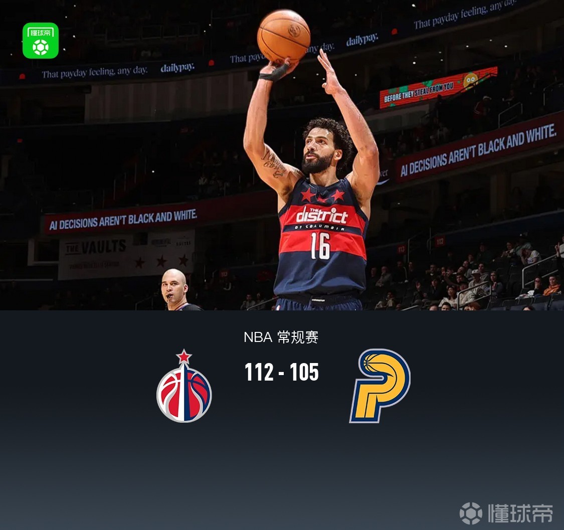 奇才7人上双112-105力克步行者,库利巴利12分,沃克21+14+7