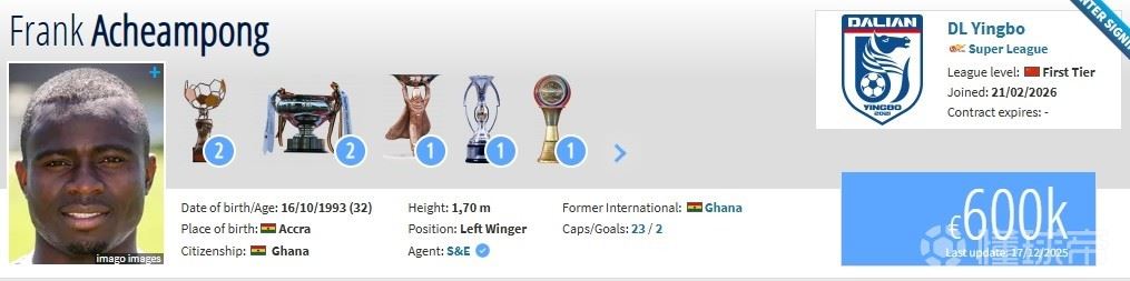 德转：阿奇姆彭加盟大连英博，球员身价60万欧元