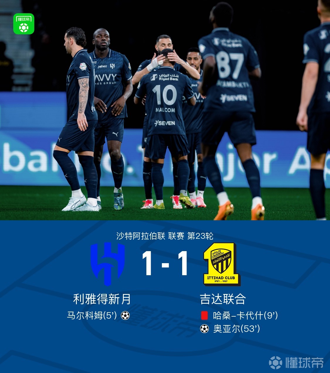 利雅得新月1-1十人吉达联合丢榜首，马尔科姆闪击，奥亚尔破门