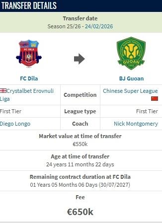 德转：马里中场孔特加盟北京国安的转会费为65万欧
