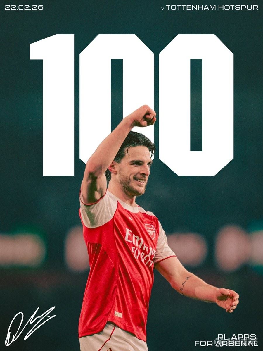 里程碑，赖斯迎来阿森纳生涯第100场英超比赛