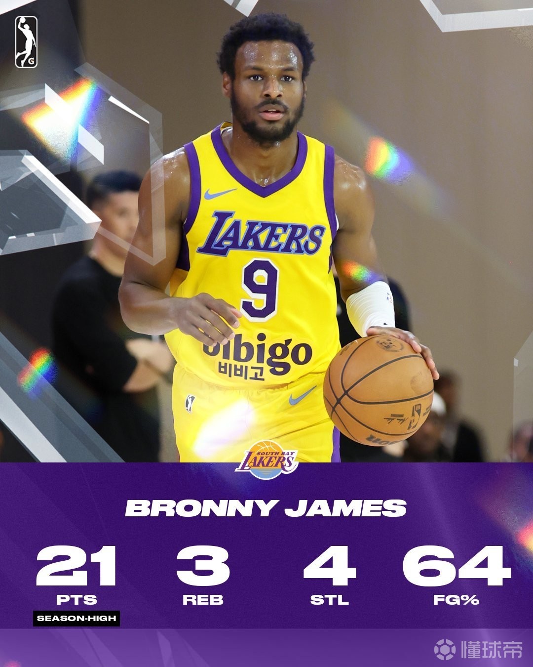 正负值+21，布朗尼G联赛14中9砍下赛季新高21分+4断3板2助