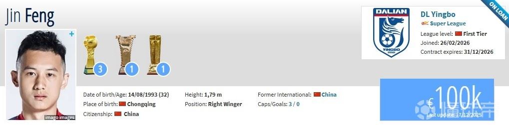  德转：上海海港边锋冯劲租借加盟大连英博