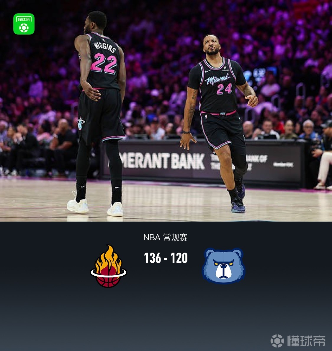 热火136-120击退灰熊，维金斯28+7，鲍威尔25+6