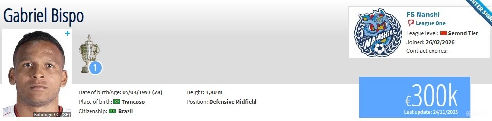 德转：巴西中场比斯波自由身加盟佛山南狮，身价30万欧