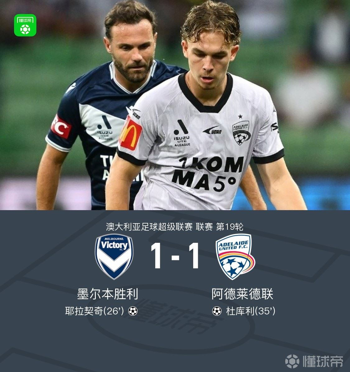 墨尔本胜利1-1阿德莱德联，马塔助攻耶拉契奇破门，杜库利扳平