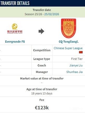德转：重庆铜梁龙从恒大足校签下刘佳乐花费约100万人民币