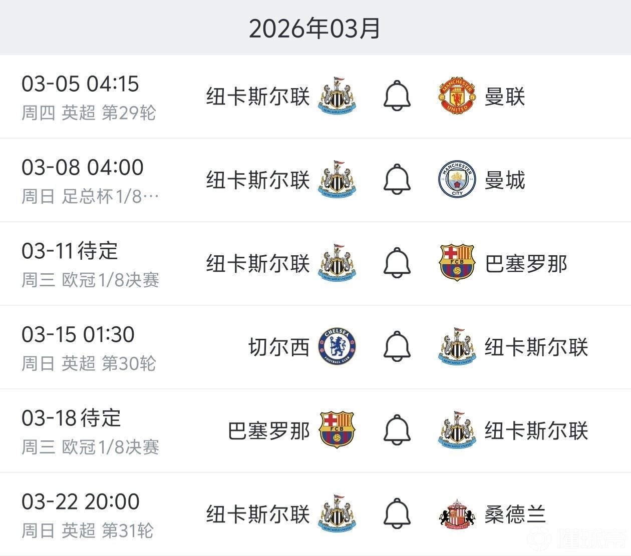 死亡三月！纽卡将在两周时间内连战巴萨、曼市双雄、切尔西