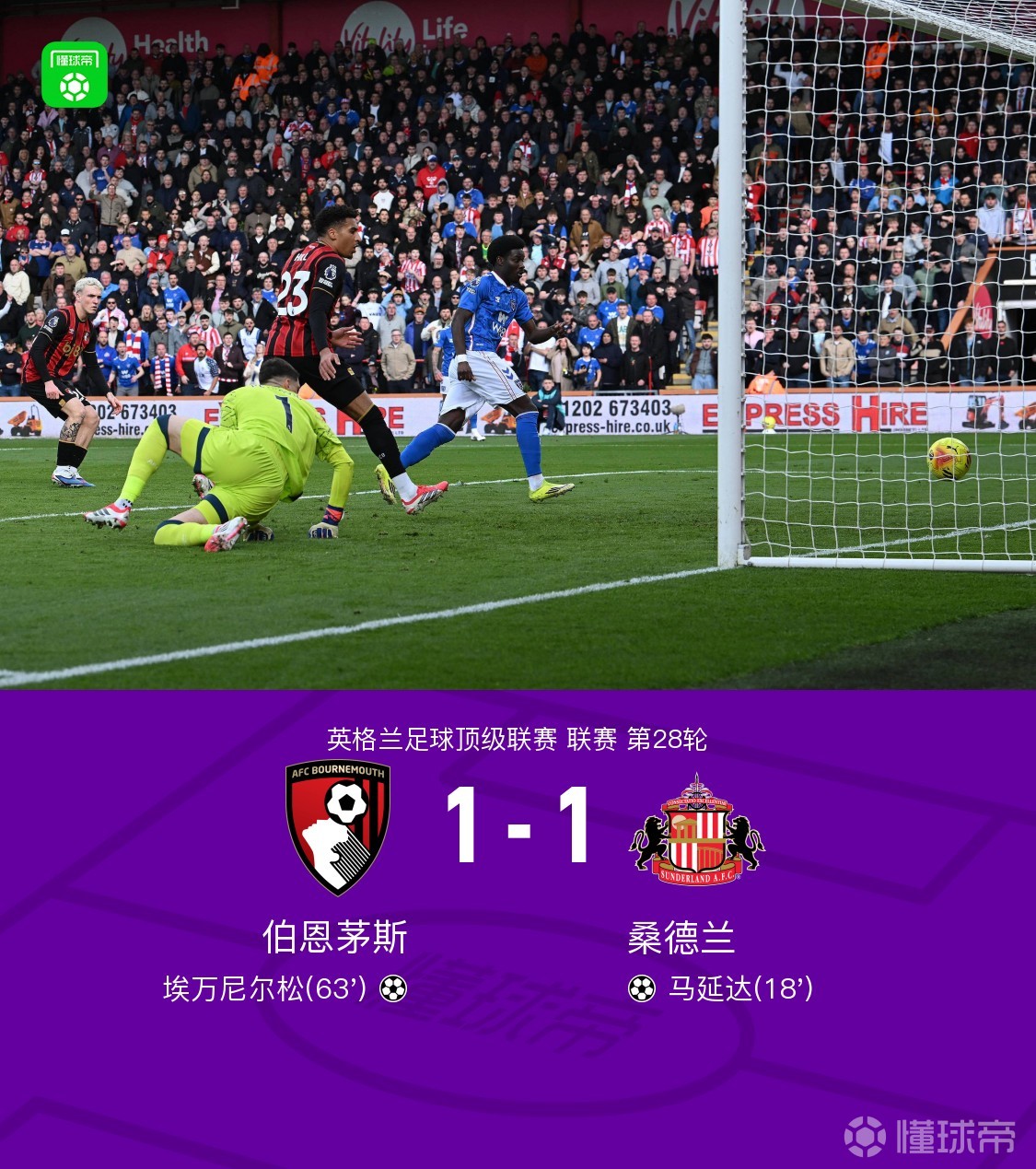 伯恩茅斯1-1桑德兰，马延达进球，埃万尼尔松扳平比分