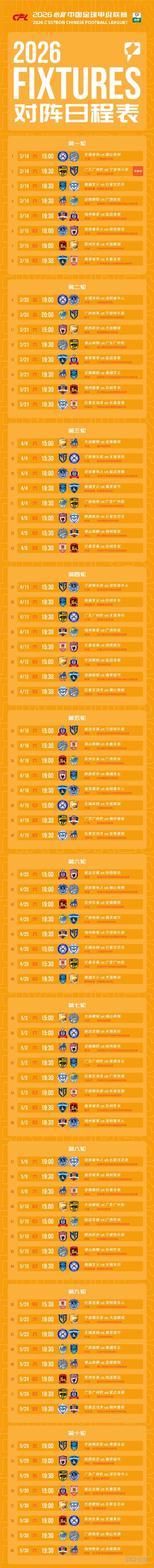 2026中甲赛程公布：3月14日开赛 11月7日落幕