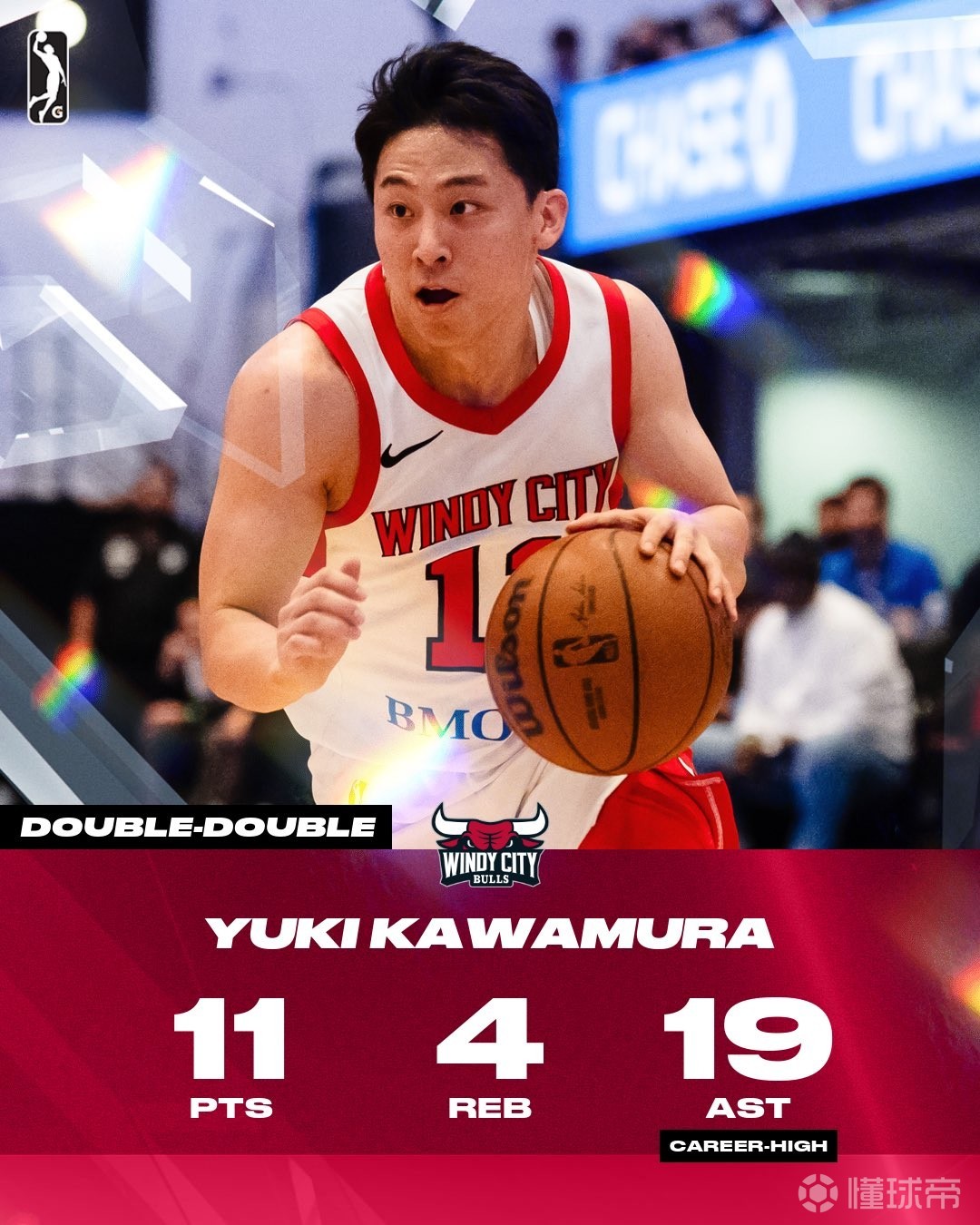 河村勇辉G联赛20中4得到11分4板，单场19次助攻刷新队史纪录