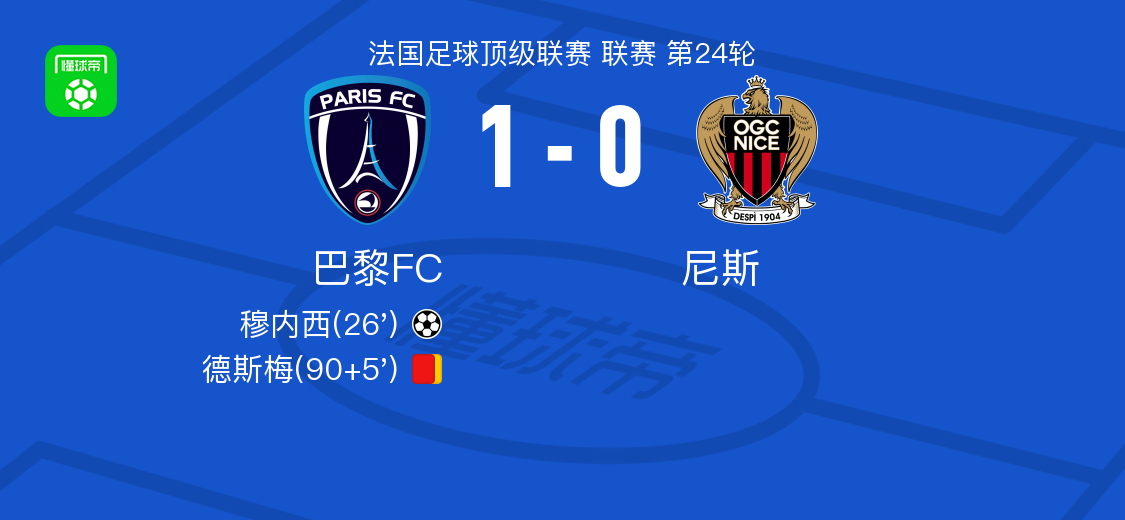 巴黎FC1-0尼斯，穆内西制胜