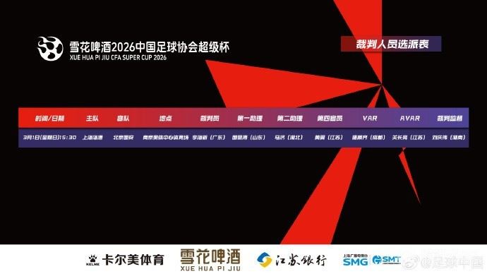 官方：上赛季中超金哨李海新将执法超级杯，银哨唐顺齐任VAR