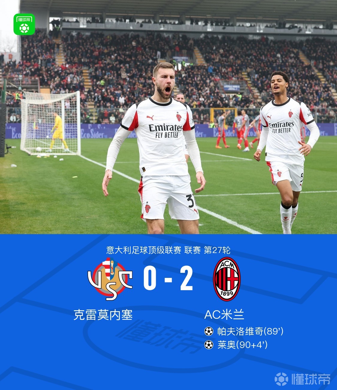 剑南春｜米兰2-0客胜克雷莫内塞，帕夫洛维奇、莱奥尾声破门