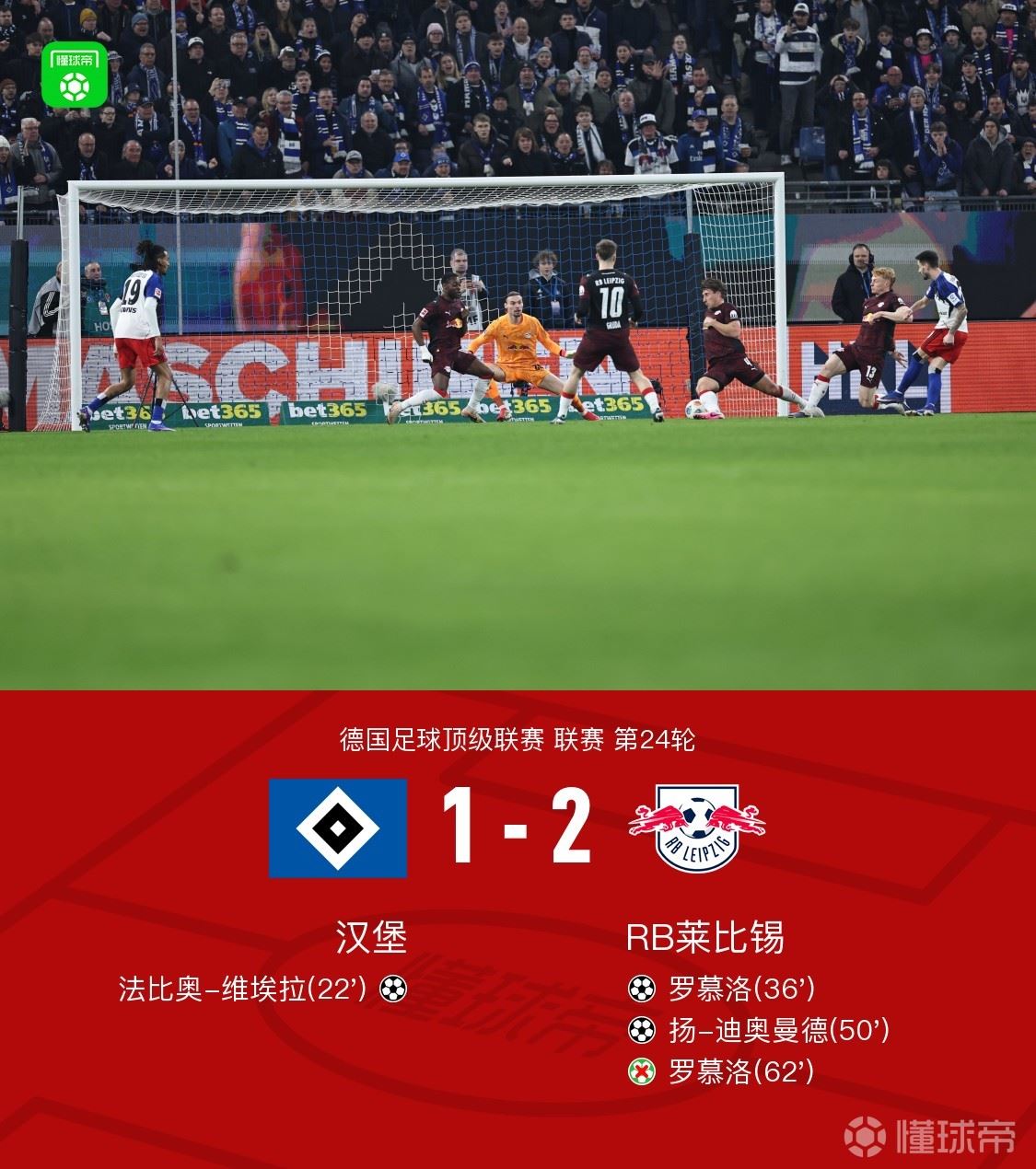 莱比锡2-1客胜汉堡，罗慕洛传射建功+失点，迪奥曼德破门
