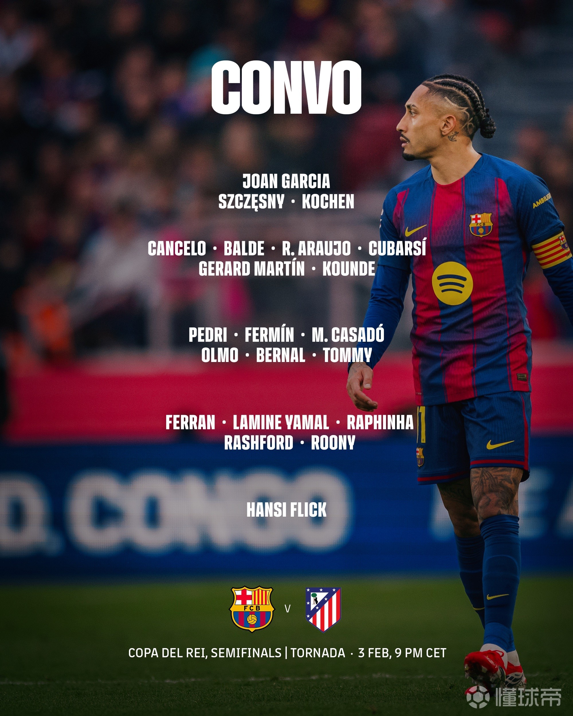 巴萨国王杯对阵马竞大名单：莱万伤缺，埃里克-加西亚停赛